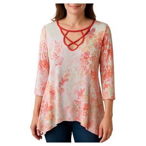One World size M floral shark bite hem  tunic top relaxed fit.